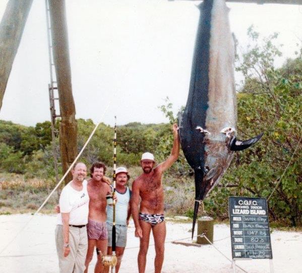 Buster May with his 80 lb World Record of 1347lb, with Rick Thistlewaite, Laurie Woodbridge and Bob Barstow