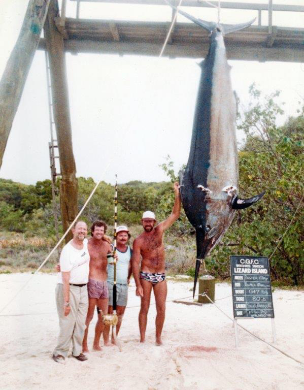 Buster May with his 80 lb World Record of 1347lb, with Rick Thistlewaite, Laurie Woodbridge and Bob Barstow